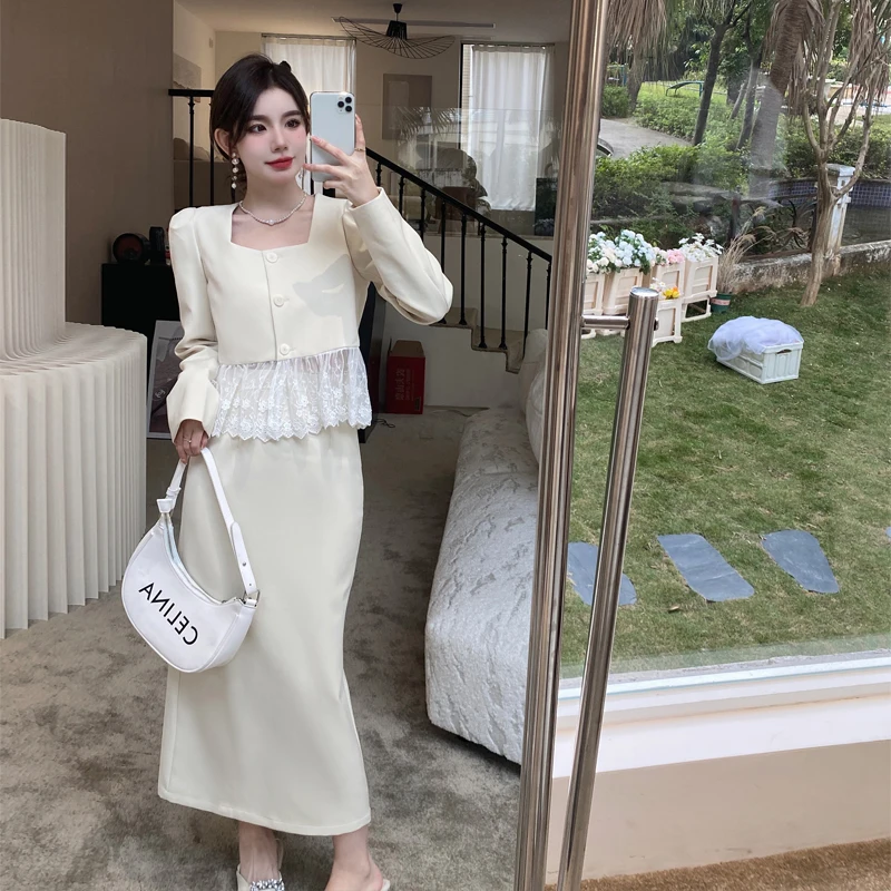 Spring Fall Elegant Temperament Two Pieces Sets Women Square Collar  Lace Patchwork Top+Hight Waist Midi Skirts Suit