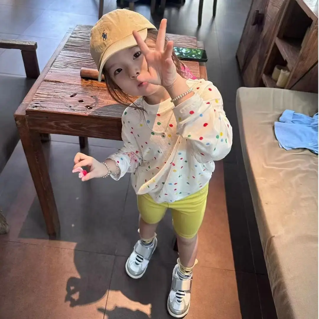 

Girls' Suit 2025 Summer Casual Korean Polka Dot Letter Print Top Solid Color Cycling Pants Two-piece Set Fashion