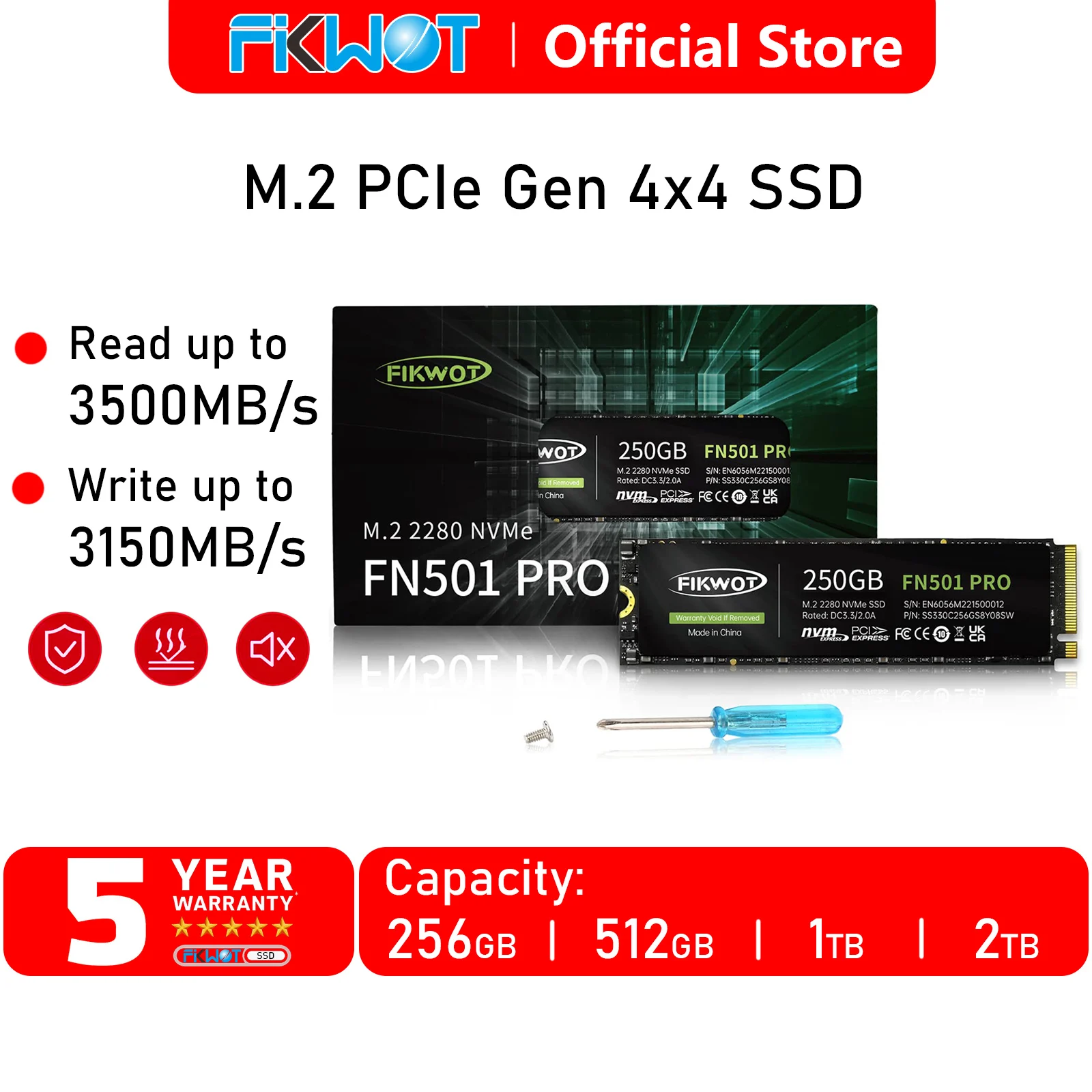 Fikwot-SSD NVMe1.3 2280 M.2 PCIe4.0 x 4, 3500 Mbps, 256GB, 512GB, 1TB, 2TB, 3D, NAND, Área de Trabalho, Laptop, PS5, Solid State Drive, FN501PRO