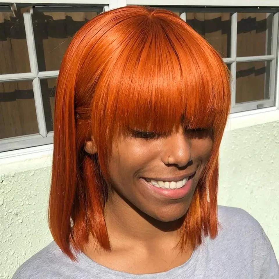 Orange Bob Wig With Bangs Human Hair Wigs For Women Short Straight Bob Wig Orange Ginger Human Hair Wigs Full Machine Remy Wigs