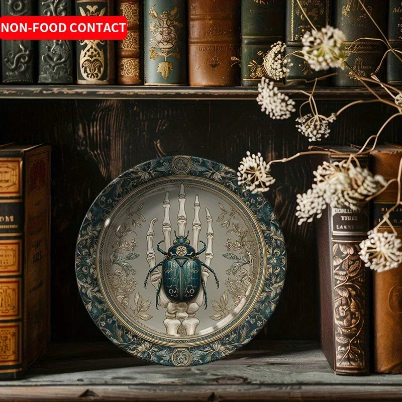1pcGothic Ceramic Decorative Plate with Beetle & Skeleton Hand Design, Unique Tabletop Display Art Piece, Non-Food Contact Home