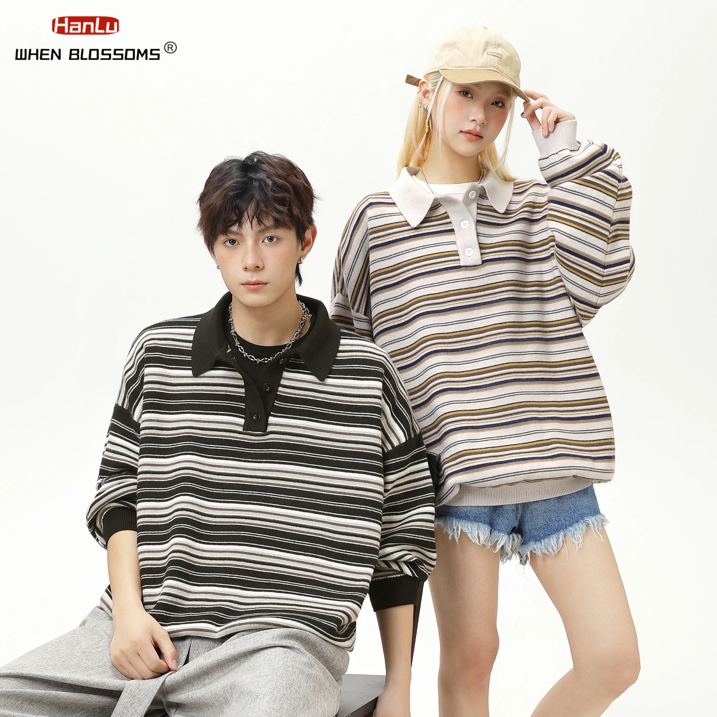 Hanlu 2025 Unisex Japanese Vintage Stripe Polo Sweater Fake Two Piece Couple Oversized Long Sleeve Knitwear