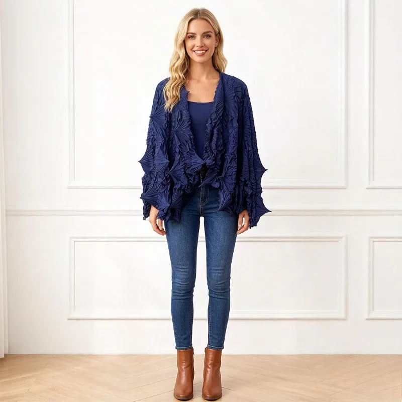 Miyake Pleated 2026 Spring/Summer New Handmade Pleated Long Sleeve Cardigan Women's Jacket with Unique Design and Niche Shawl