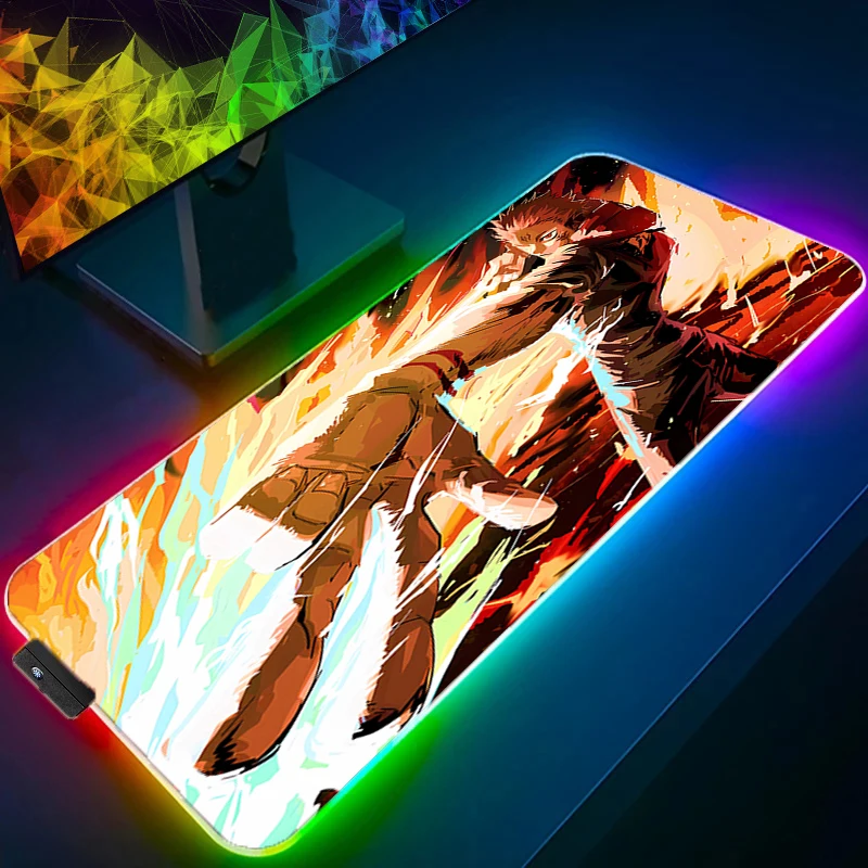 LED 마우스 패드 jujutsu Kaisen Sukuna 게이머 Decoracion 게이머 데스크 매트 RGB 마우스 패드 XXL 게임 액세서리 백라이트 키보드 매트