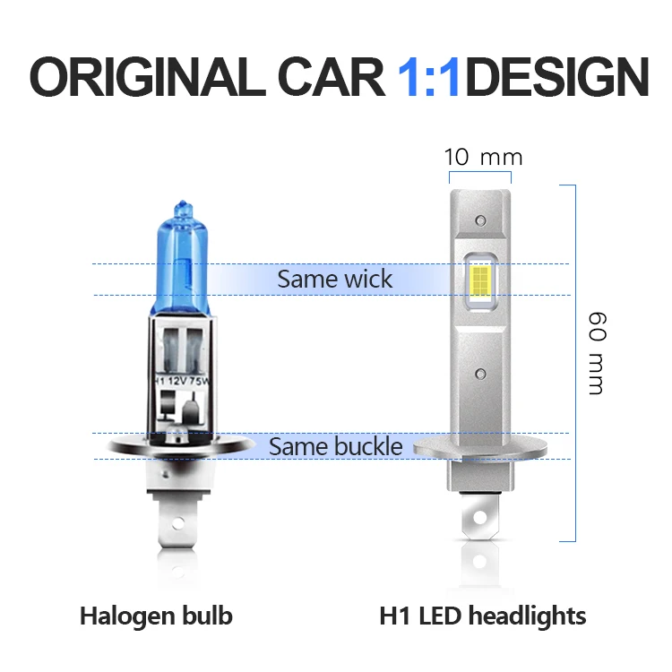 2pcs H1 LED Headlights 20000LM 6000K 55W 16PCS 7585 CSP High Low Beam Turbo Auto Light 1: 1 Fanless Mini 12V +600% Bright