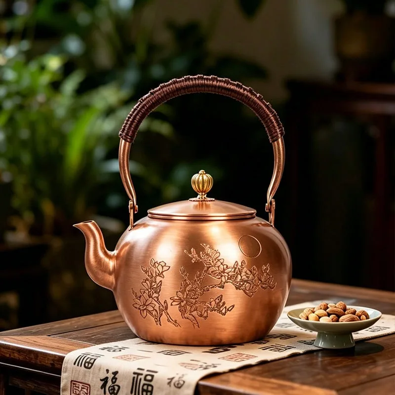 Floral Embossed Pure Copper Teapot 1.5L Wrapped Handle Stovetop Safe For Open Flame Electric Stove Home Chinese Tea Kettle