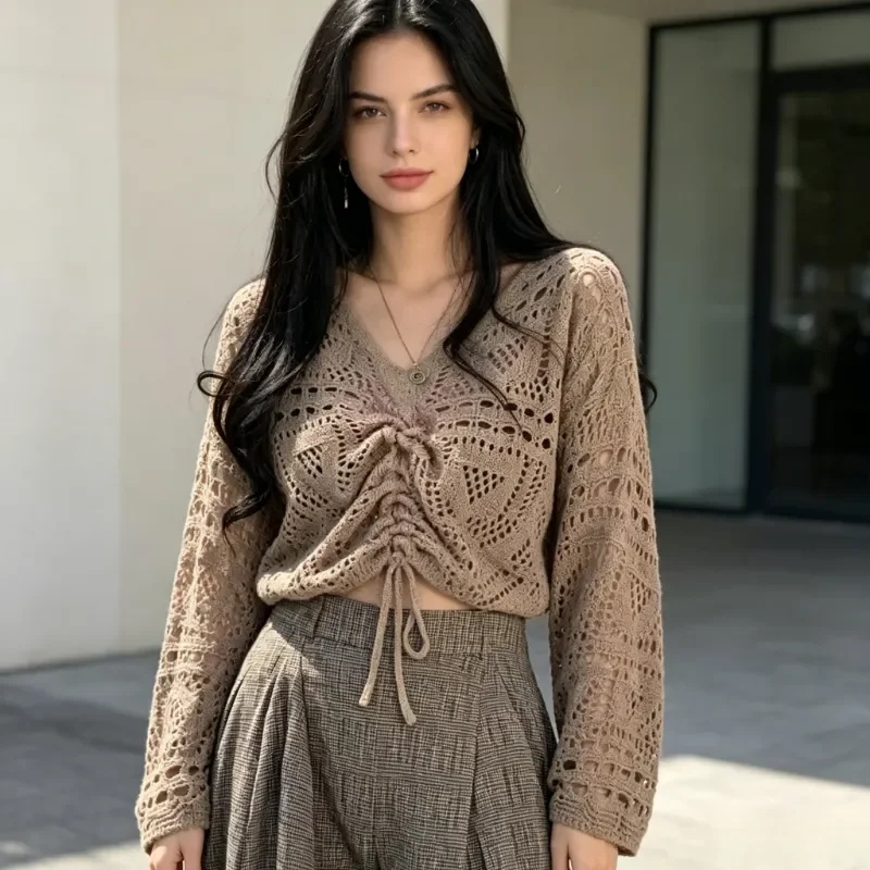 

Summer Lightweight Hollow Out Korean Solid Color Short Women's Knitted Top Fashion Casual Drawstring V-neck Long Sleeved Tops
