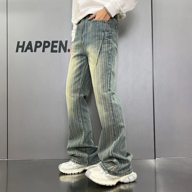 New American style trendy retro loose straight leg nostalgic blue washed casual striped jeans for men baggy jeans