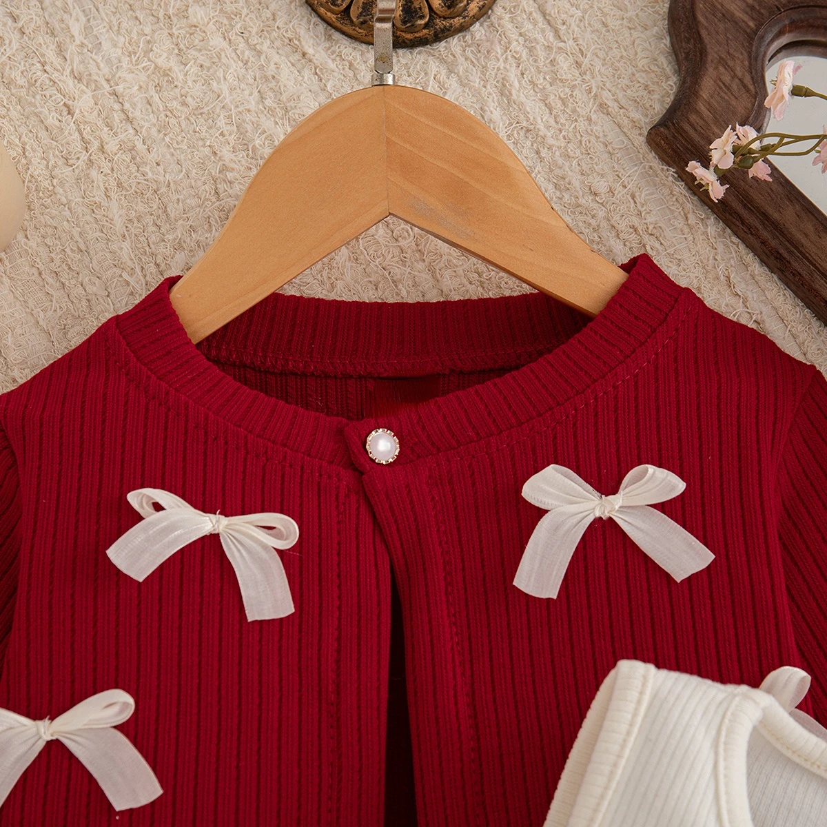 Baby-Mädchen-Kleidungsset: Rote Strickjacke mit Schleife und ärmellosem mehrlagigem Kleid, 2-teiliges Prinzessinnen-Outfit für Mädchen für die Weihnachtsfeier – Detail 16