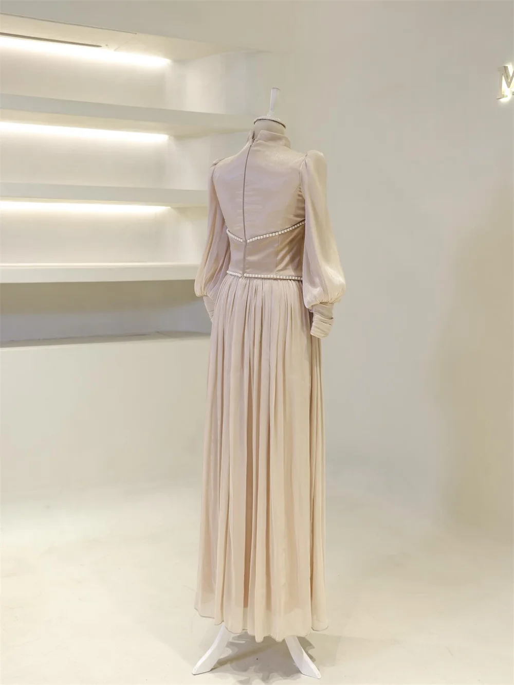 Mila Puff Sleeve Pearl Prom Dresses High Neck Draped Customized Evening Dresses Elegant Floor-Length vestidos de fiesta 2025