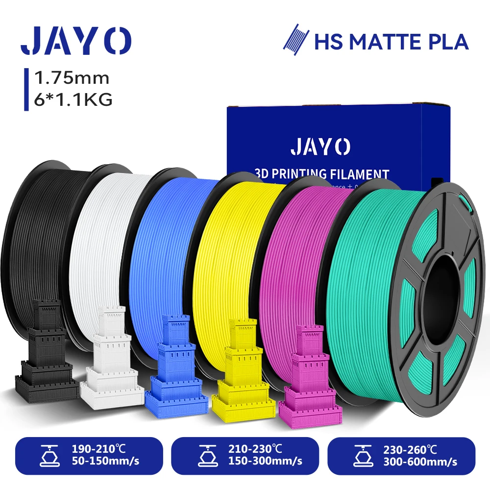 

JAYO High Speed PLA matte 3D Filament 1.75mm PLA 3D Printer Filament 6Rolls/set Neatly Wound Matte Effect 3D Printing Materials