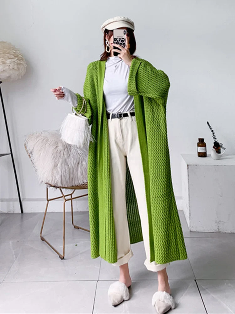 [EAM] Big Size Long Knitting Cardigan Sweater Loose Fit V-Neck Long Sleeve Women New Fashion Tide Autumn Winter 2024 1DD0675