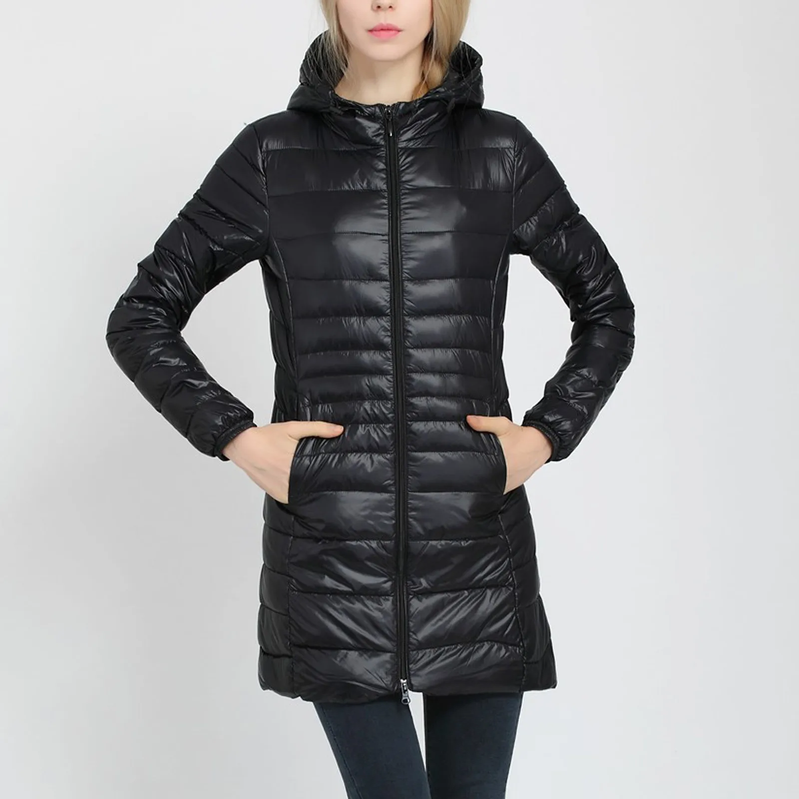 Women Spring/Autumn Ultra Lightweight Quilted Jacket 2024 New Woman Water And Wind-Resistant Big Size Women Solid Hoodies Coat