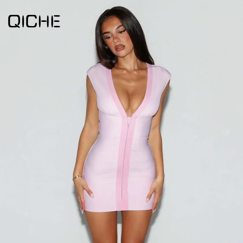 QICHE European American Pink Bandage Dress Deep V Neck Sleeveless Slim Zip Bodycon Mini Dress Hot Girl Party Cocktail Gown