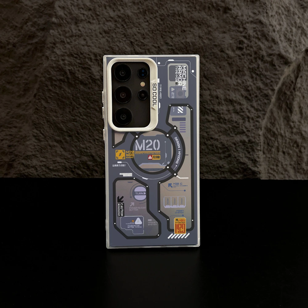 Maquinaria M20 circuito etiqueta chapado caja plateada para Samsung Galaxy S25 S24 S23 Ultra S22 S21 Plus S20 FE cubierta dura de PC a prueba de golpes