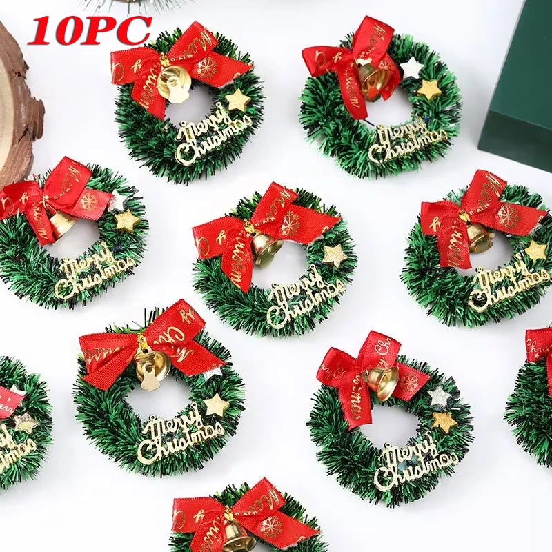 

10 Pcs Mini Red Bow & Golden Bell Christmas Wreaths - Featherless Plastic Decor for Holidays/Weddings/Birthday Parties