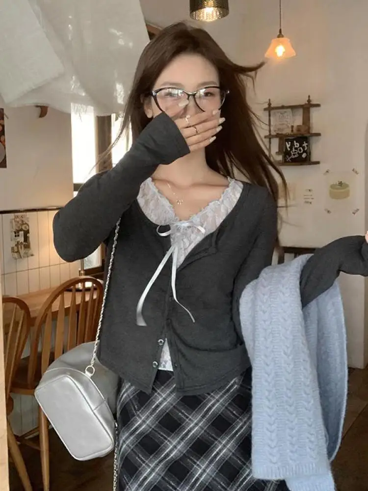 

Vintage 2024 Autumn Winter Grey Patchwork Lace Single Breasted Short Sweater Women Elegant Long Sleeve Slim Pullover Knitted Top