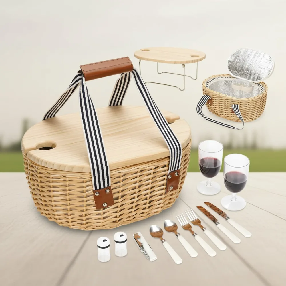 

Willow Picnic Basket Set for 2 with Wine Table & Cooler Bag - Portable Outdoor Camping Party