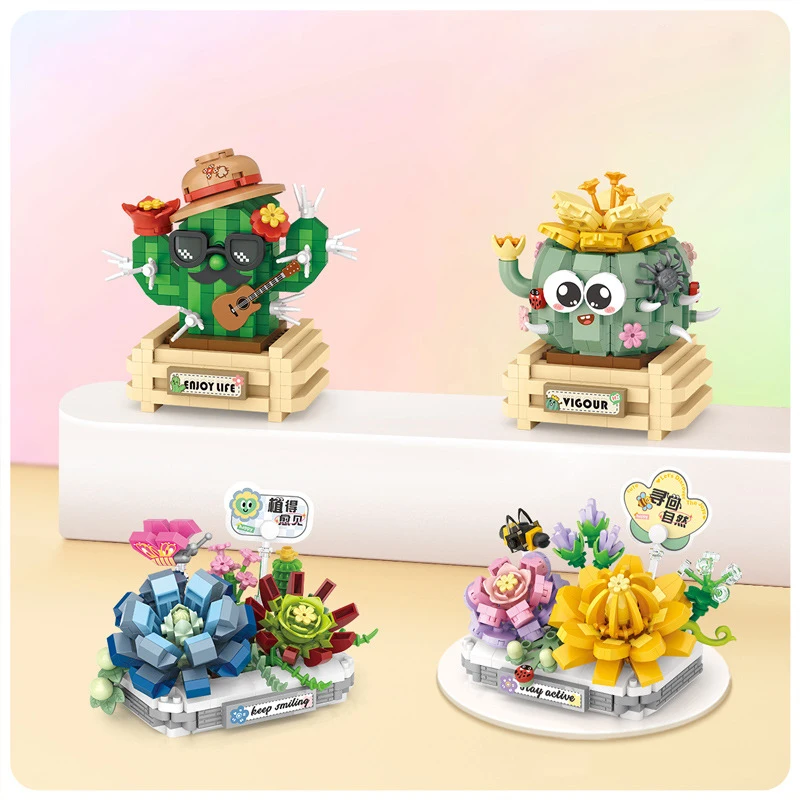 Office Desktop Decoration Micro Diamond Block Cartoon Succulent Potted Plants Building Brick Cactus Flower Construction Toys