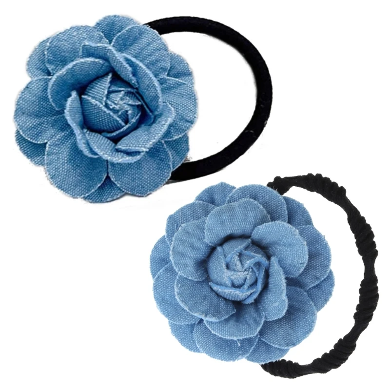 Denim-Flower Barrette Blue Camellia-Hair Clip Headband Scrunchie Holder Headwear Dropship