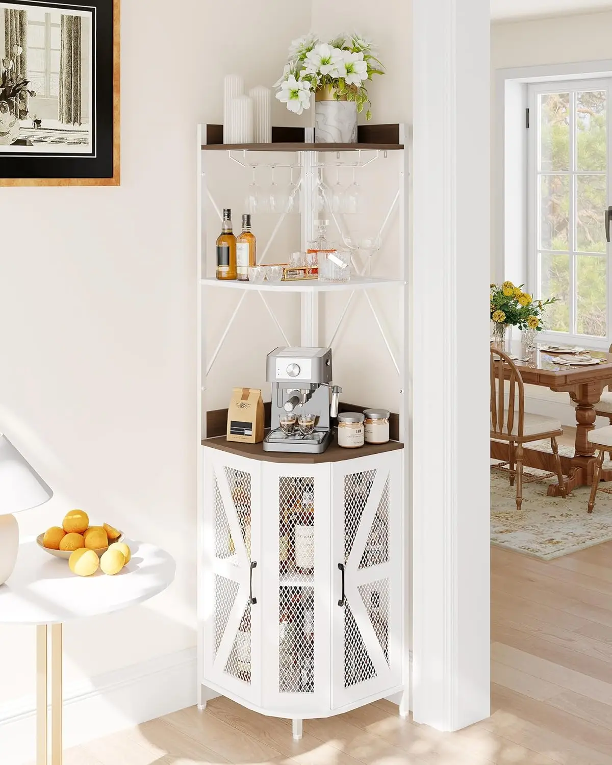 

Угловой барный шкаф со светодиодной подсветкой, угловой шкаф с розеткой, местом для хранения и съемной винной полкой, в стиле фермерского дома