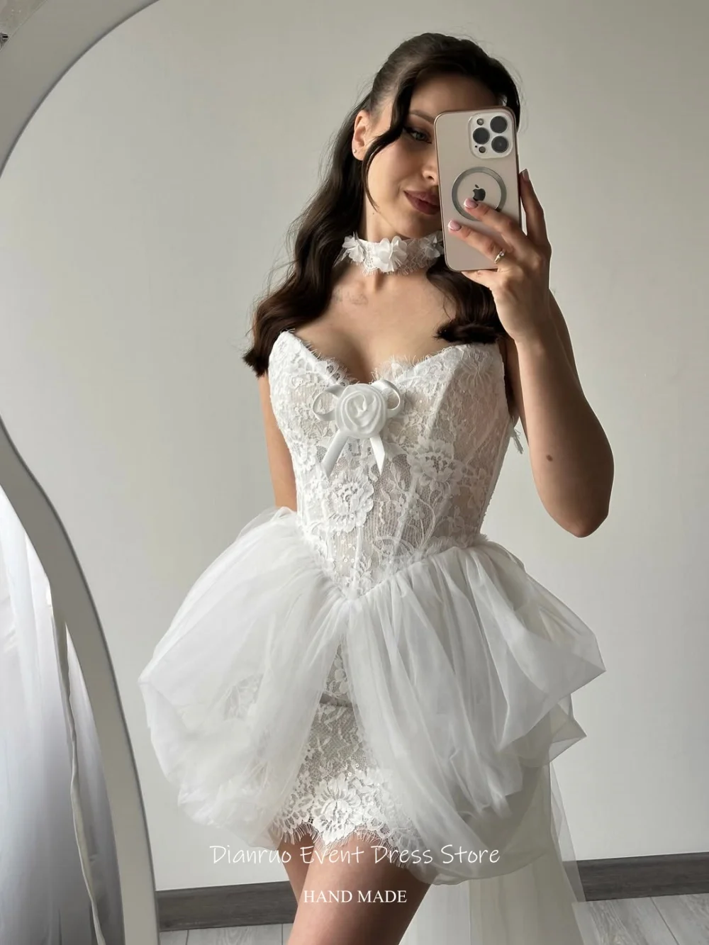 Dianruo Sweetheart Lace Short Wedding Dress 3D Rose Bow Appliqués Vestido De Noiva Flowy Tulle Train Homecoming Dress Customized
