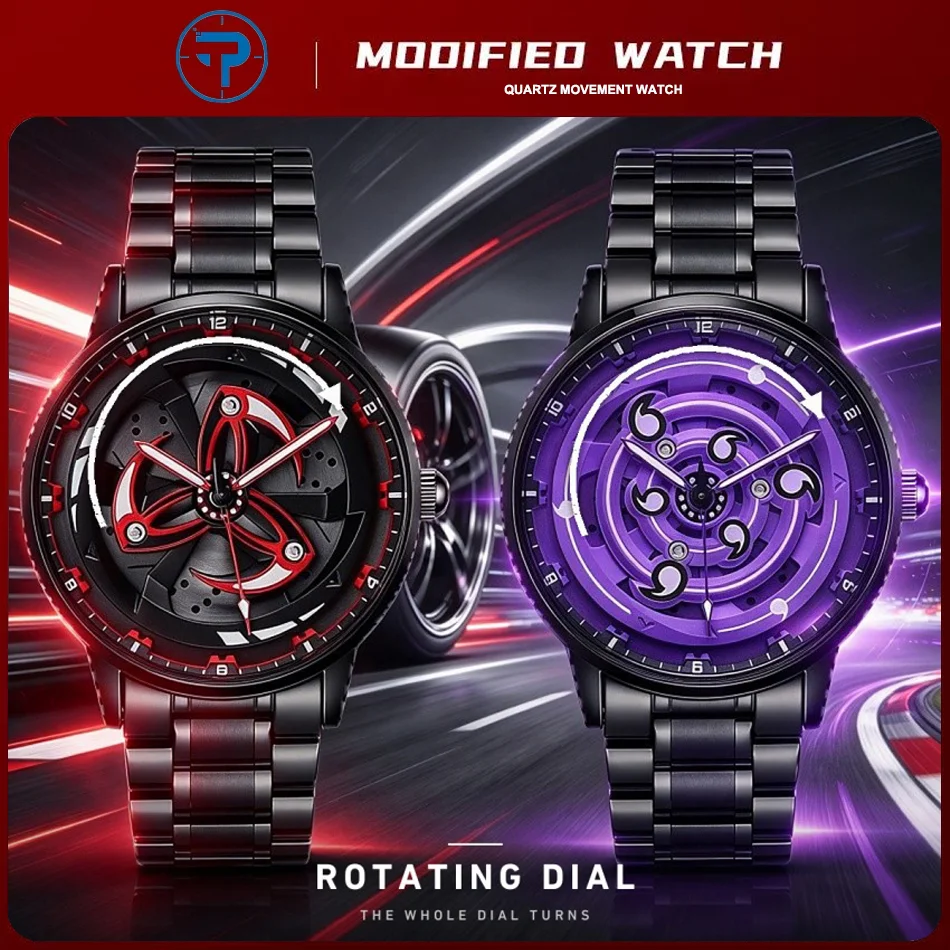360° Rotating Dial Men Quartz Watch Purple Spiral Anime Watch Red Wheel Dial Alloy Steel Fashion Wrist Watch