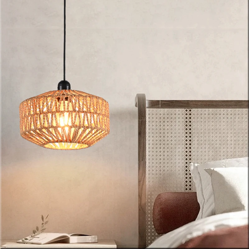 Classic Ceiling Light Handmade Rattan Weaving Hanging Chandelier Lamps For Living Bedroom Home Decor Pendant Light E27 Fixture