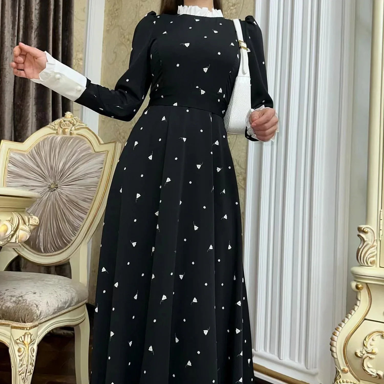 

Dubai Fashion Women Printed Abaya Muslim Long Sleeve Dress Eid Ramadan Kaftan Turkey Modest Islamic Clothing Evening Party Gown