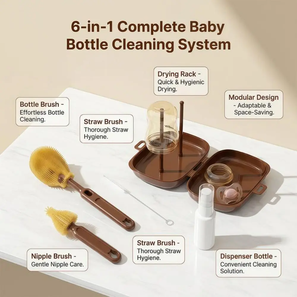6 Piece New Foldable Bottle Cleaning Set with Storage Box Space Saving Silicone Bottle Brush Quick Dry Bottle Brush Set