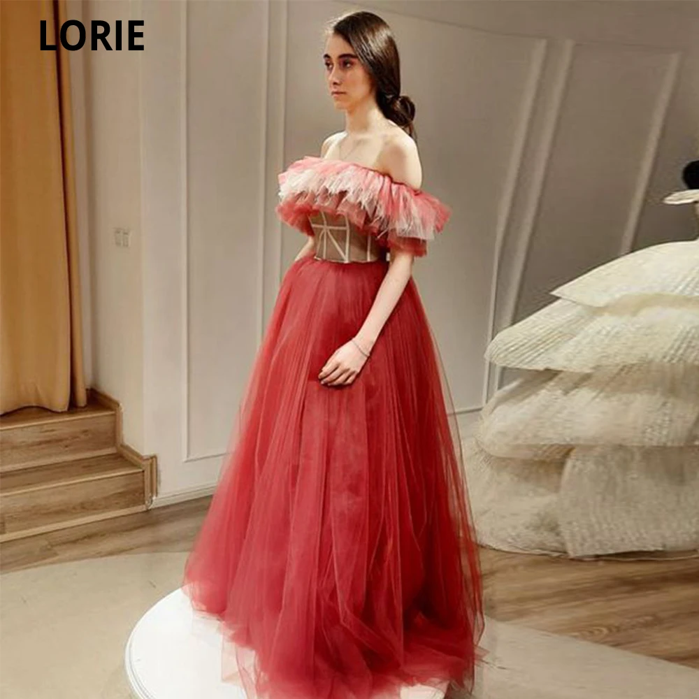 

LORIE Saudi Arabia Elegant A Line Tulle Prom Dresses Strapless Evening Gowns Women Customized Vestido De Noiva Robes De Soirée