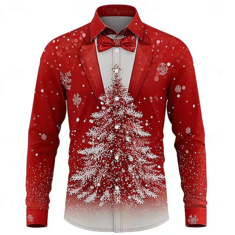 2026 moda masculina floco de neve gravata impressão lapela camisa manga longa botão até outono inverno festival natal edição premium