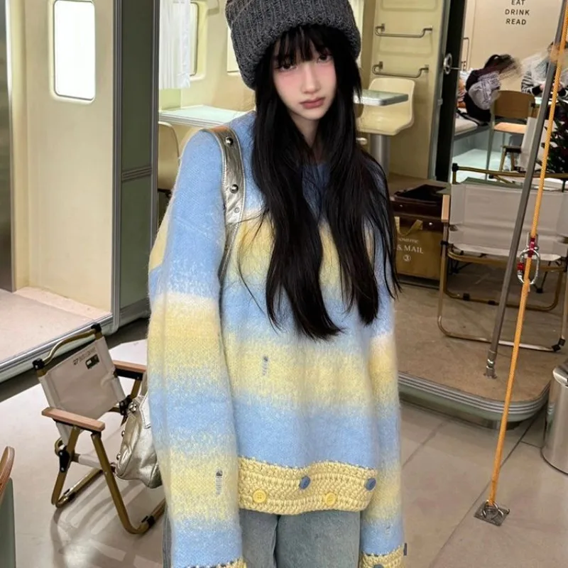 Women Round Neck Gradient Color Knit Sweater Loose Lazy Style Soft Pullover Autumn Winter Top