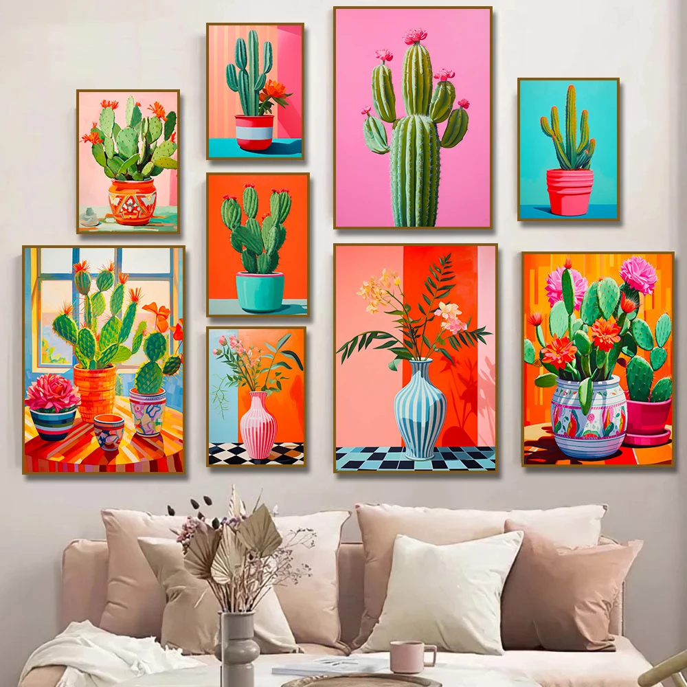 Abstract Colorful Cactus Flower Vase Still Life Canvas Painting, Modern Poster Print, Wall Art Botanical Living Room Home Decor