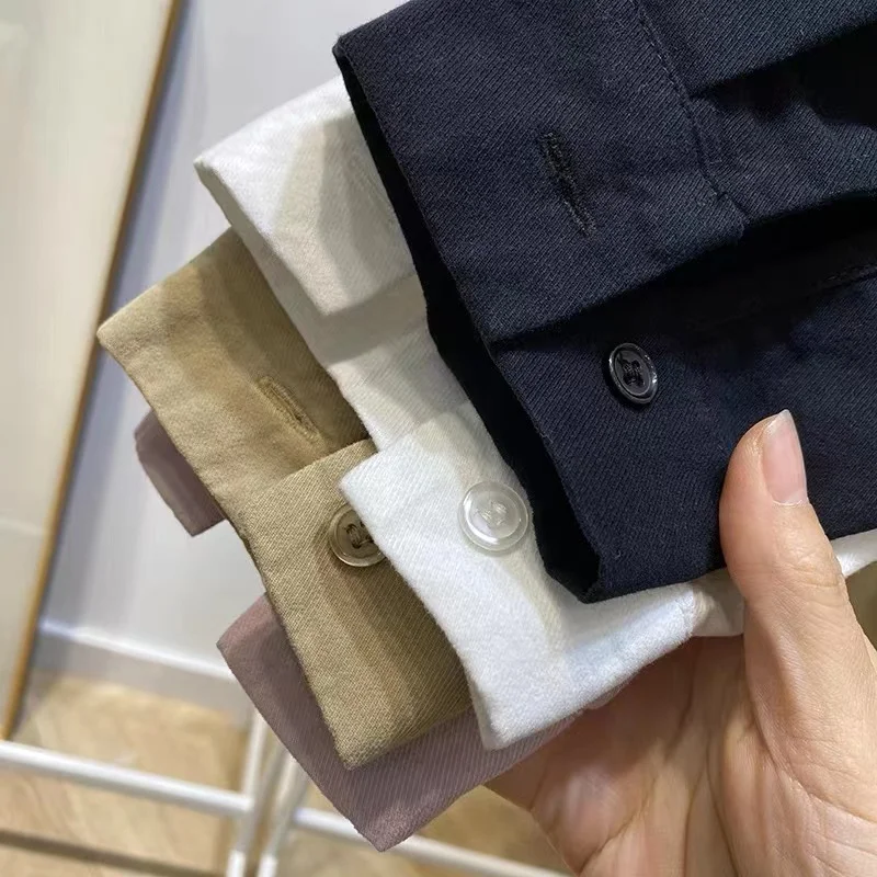 Loose Fit Pure Color Workwear irt Korean Japanese Brand Women's Casual Long Sve  Collar Cotton Blend Top