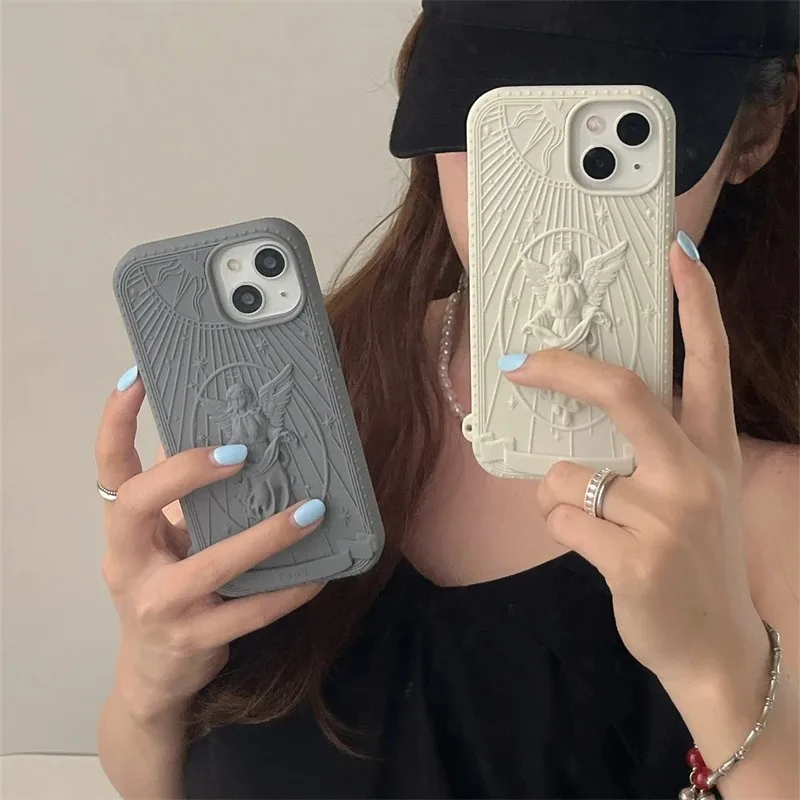 Vintage Freedom Angel Statue 3D For Phone Case For iPhone 15 14 13 12 Pro Max European Soft Silicone Anti-drop Shockproof Back C