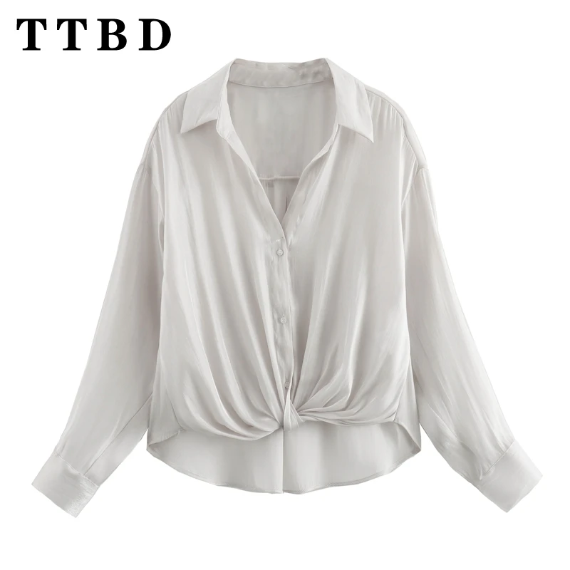 TTBD 2024 New Summer Women\'s Chic Oversized Satin Shirt Ladies Button Up Blouse Loose Light Grey Fashion Top