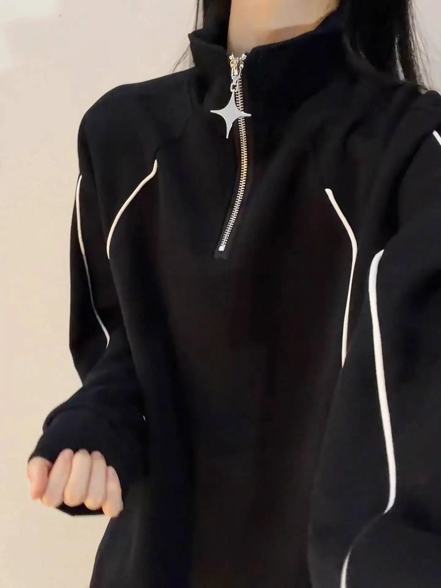 Unsiex Zip Sweatshirt 2025 Autumn Jacket Black Half Zip Stand Collar Stripe Long Sleeve Sports Sweatshirt