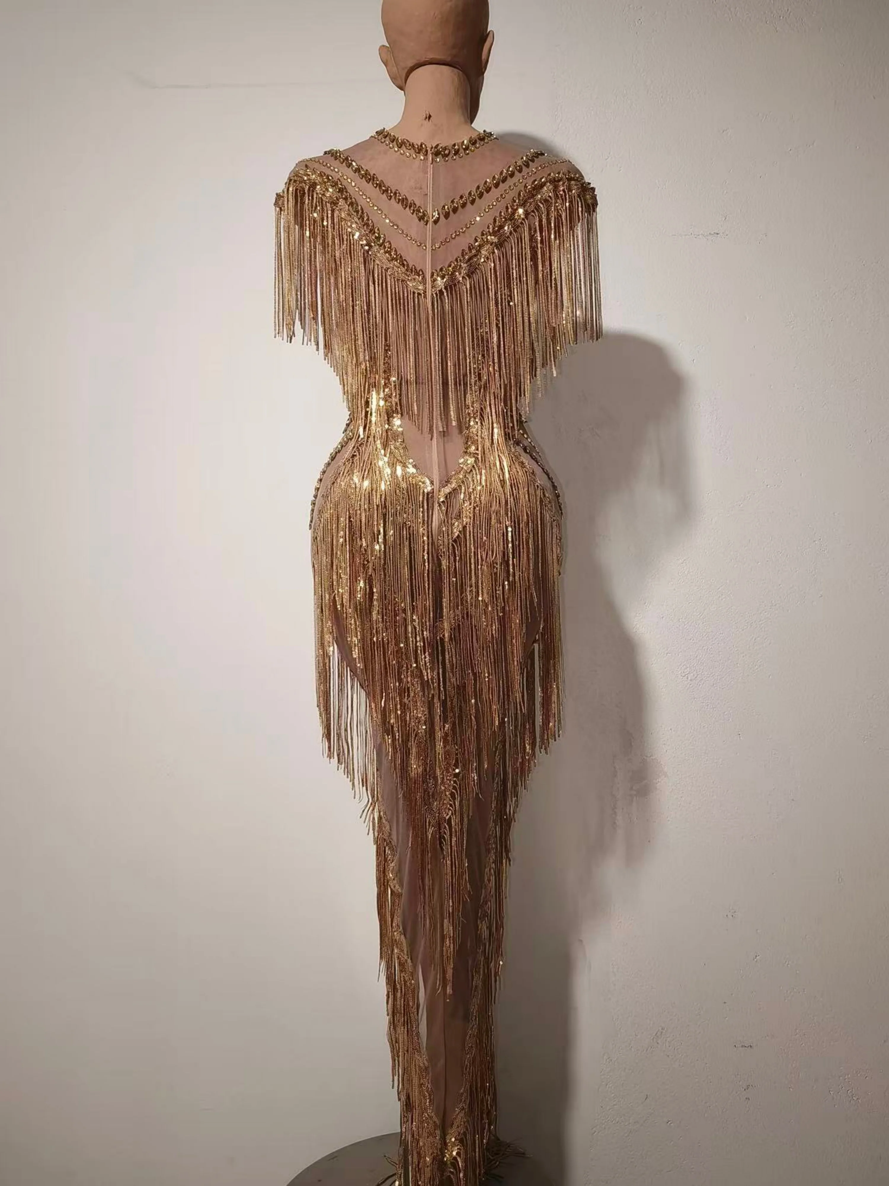 Sexy funkelnde Diamanten Pailletten Fransen Luxus Overall Gold ärmellose Mesh Performance Tanzkostüm Nachtclub Perform Kostüm