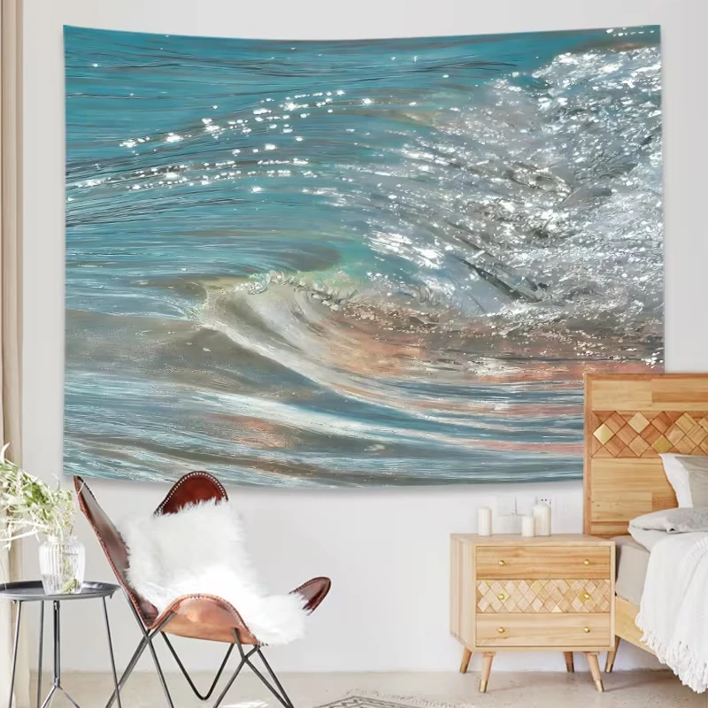 Oil Painting Style Waves Glittering Light Tapestry Home Wall Hanging Cloth Living Room Bedroom Homestay Decor