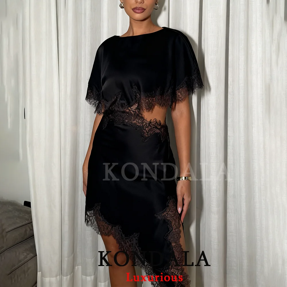 KONDALA Sexy Chic Schwarz Satin Frauen Party Kleid Kurzarm Aushöhlen Side Split Kleid Mode 2026 Abend Club Elegante Kleid
