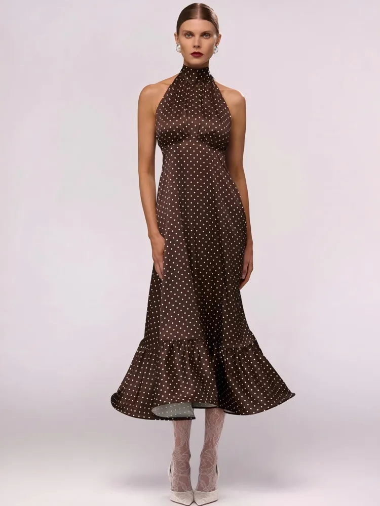 

Articat Elegant Sleeveless Polka Dot Satin Long Dress For Women Sexy Backless Bodycon Party Club Evening Dress Slim Vestidos