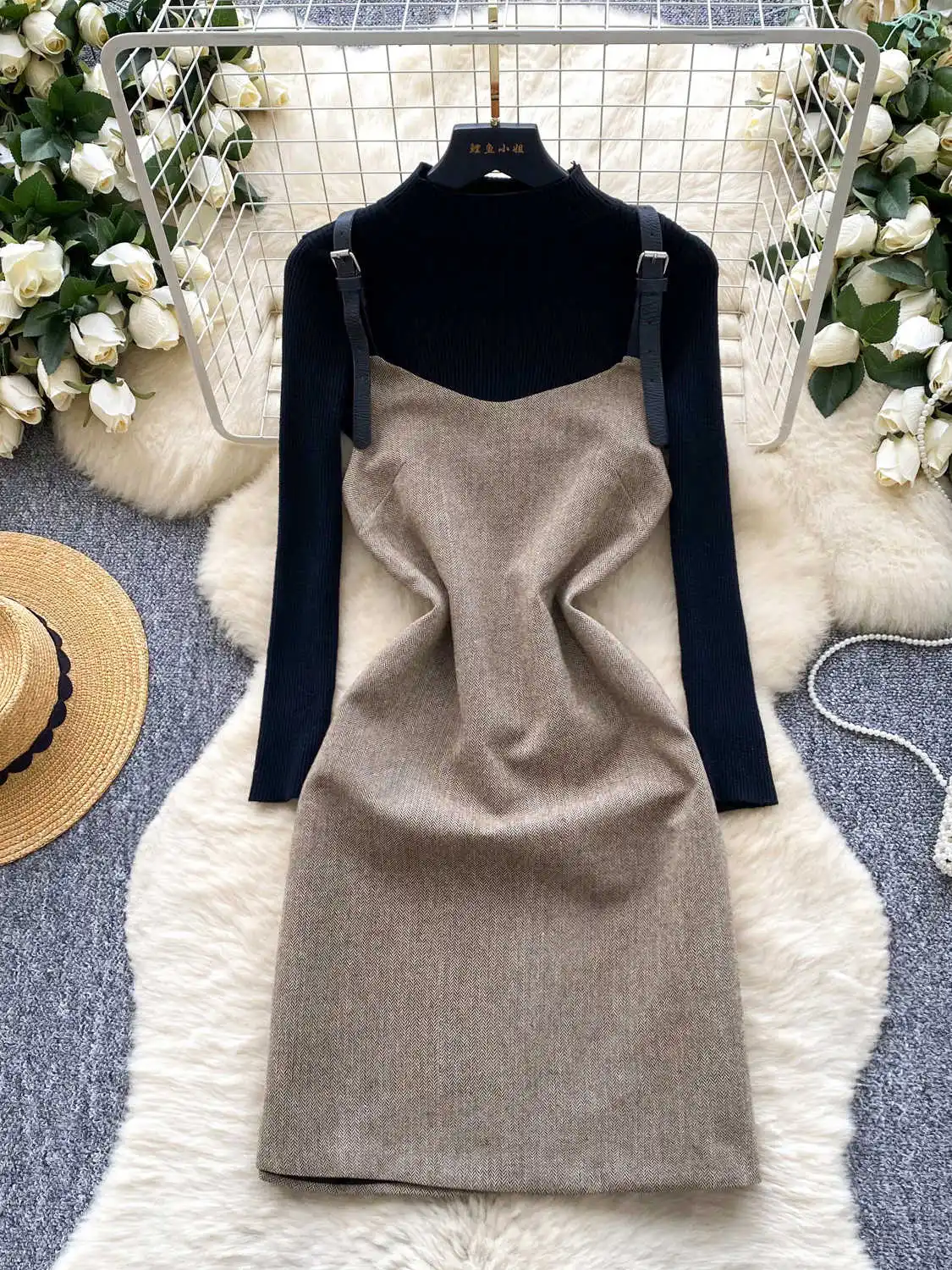 

Женские абрикосовые комплекты платьев без рукавов, винтажный винтажный трикотаж Y2k с длинными рукавами, костюм из двух предметов, платье, одежда 2000-х годов, осень