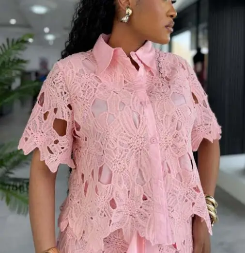 Two Piece Set Women Outfit 2025 Spring New Elegant Hollow Lace Turn-Down Collar Short Sleeve Shirt & Casual Wide Leg Pants Set