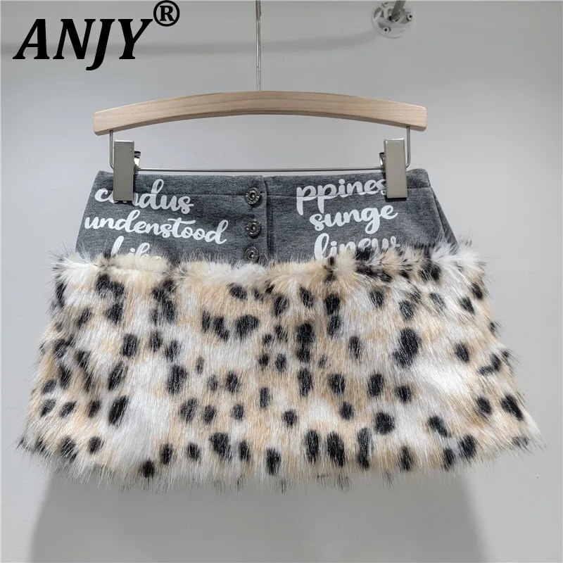 

ANJY Autumn Winter New Women's Trendy Leopard Print Furry Patchwork Short Skirt Hot Girl Y2K Bodycon Letter Sexy Chic Ins A14611