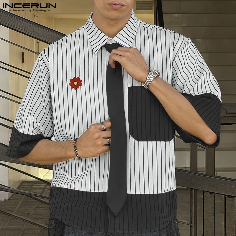 INCERUN الرجال قميص مخطط المرقعة التلبيب قصيرة الأكمام الرجال الملابس الشارع الشهير فضفاض الكورية نمط موضة قمصان الذكور عادية #1