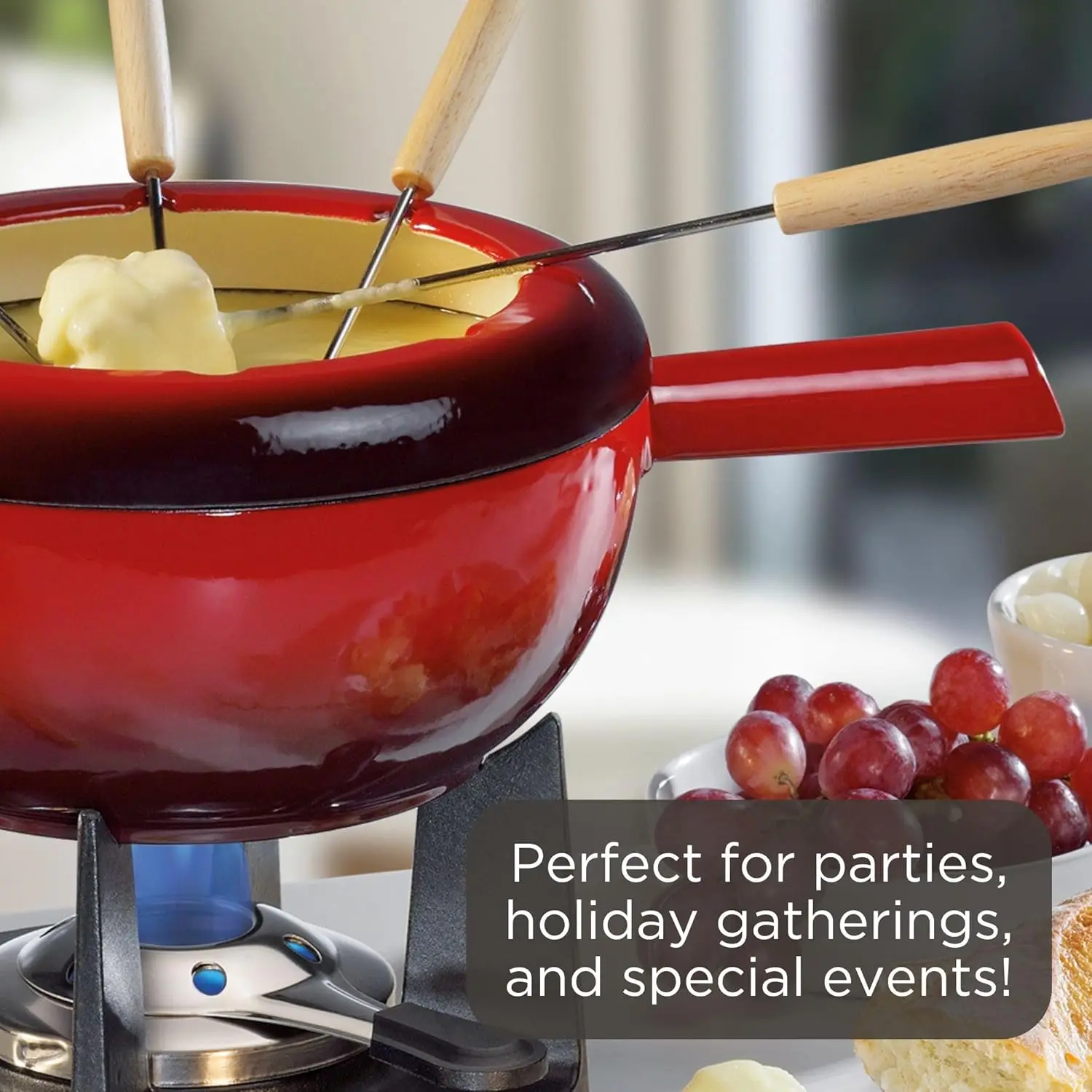 Conjunto de pote de fondue de 8 polegadas - aço inoxidável, fogão a gás tradicional, pote removível com espetos, para frutas, queijo, caldo,