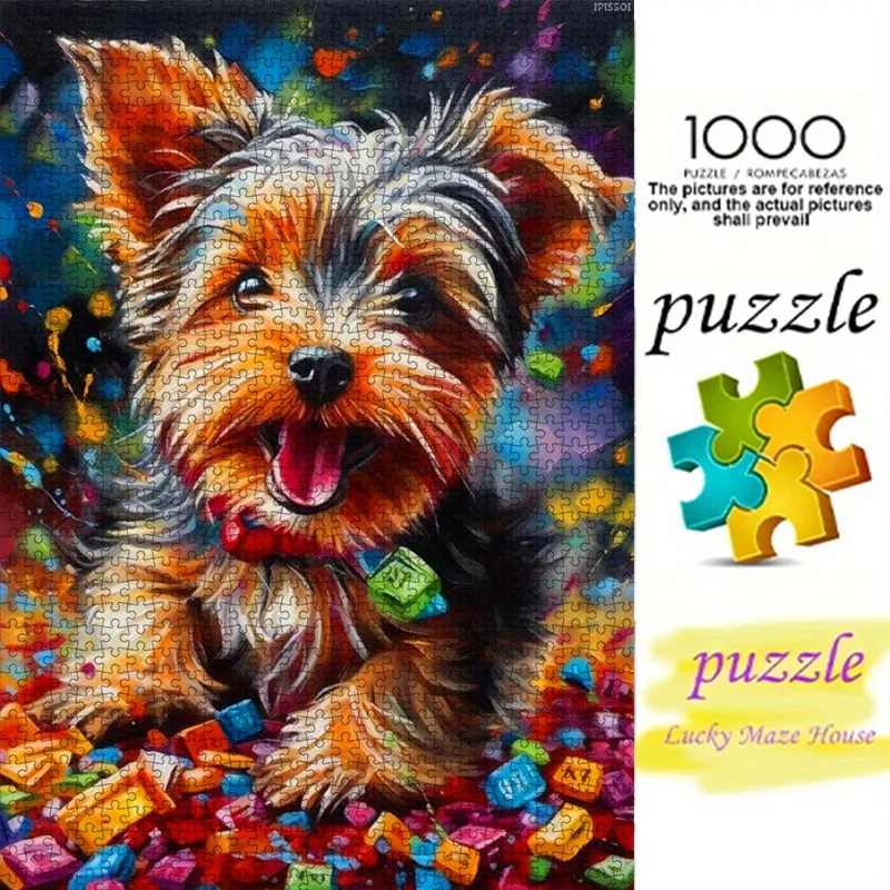 1000pcs Paper Puzzle Featuring a Cute Yorkshire Terrier with a Colorful Candy Background, Made from High-Quality White Cardboa