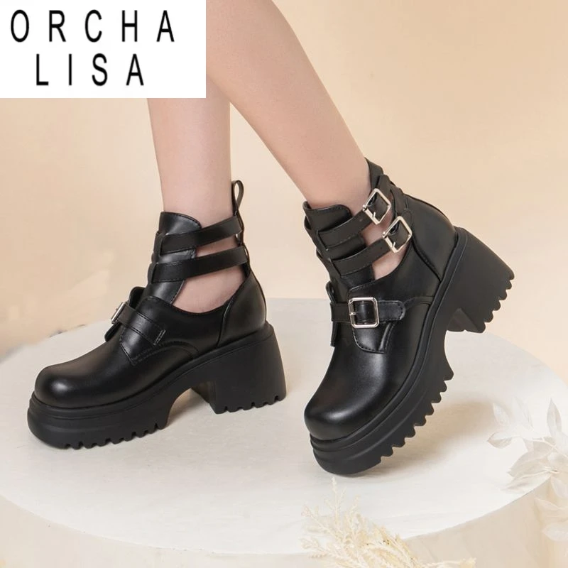 

ORCHA LISA 2025 Luxury Women Ankle Boots Round Toe Block Heels 7.5cm Buckle Straps Platform Plus Size 43 44 45 Casual Daily Bota
