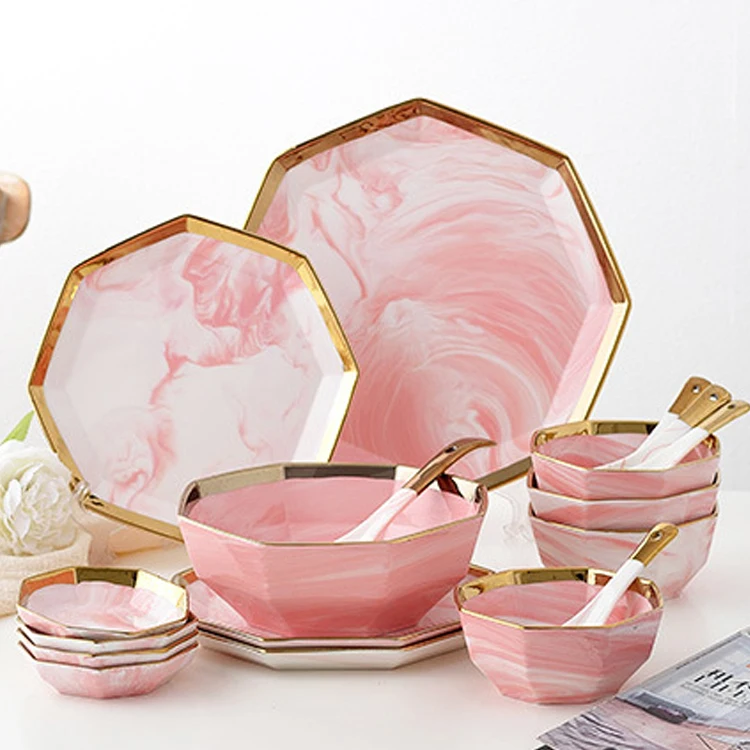Unique Shape Tableware Marble Gold Rimmed Fine Bone China Nordic Dinnerware Set Custom Made Rustic Ceramic Dinnerware Sets